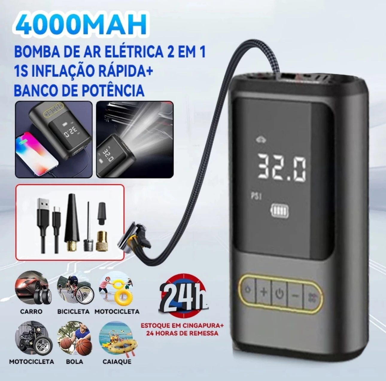 Mini compressor de ar portátil e recarregável - Pneu de carro, bicicleta, bolas, boias e muito mais - Encher e calibrar